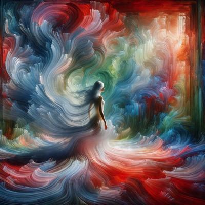 The primary subject of the image is a woman, who is the main focus of the scene. She is standing in front of a colorful, abstract painting, which serves as the setting or background. The visual style of the image is digital art, as it is a computer-generated or digitally created piece. The dominant colors in the image are red, pink, and blue, creating a vibrant and lively atmosphere.
